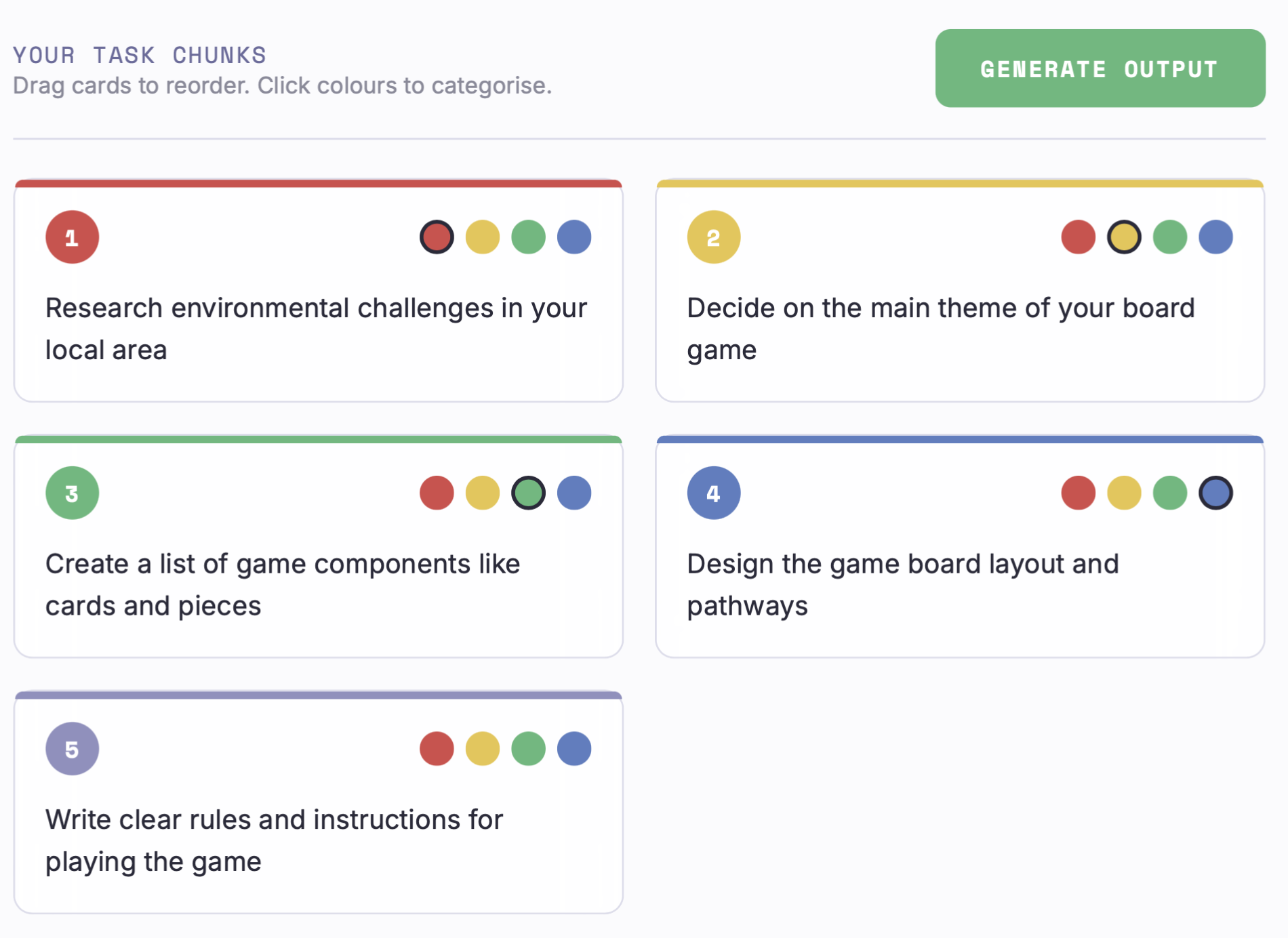 Screenshot of Floating Thoughts showing draggable task chunk cards