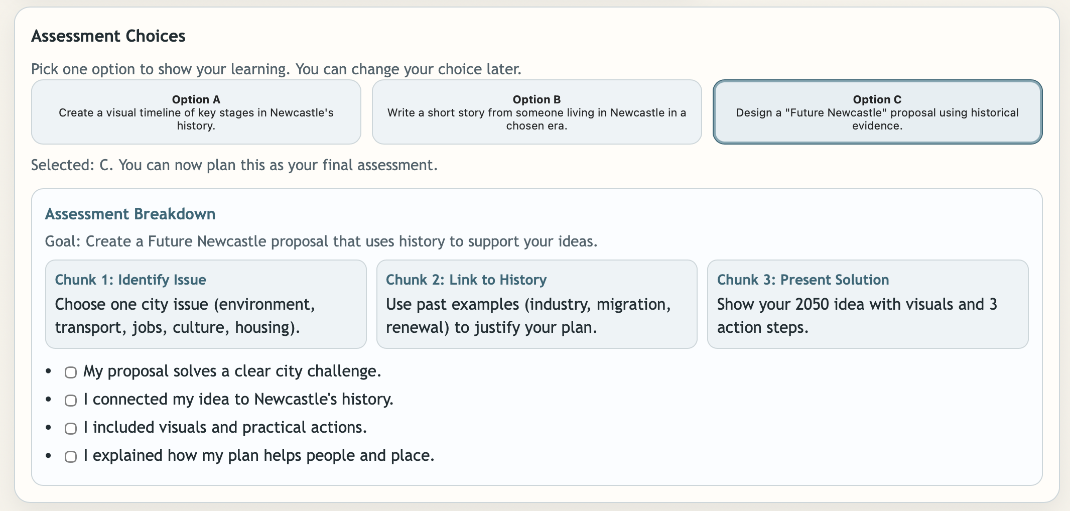 Screenshot of the Newcastle humanities student dashboard with weekly roadmap and accessibility controls
