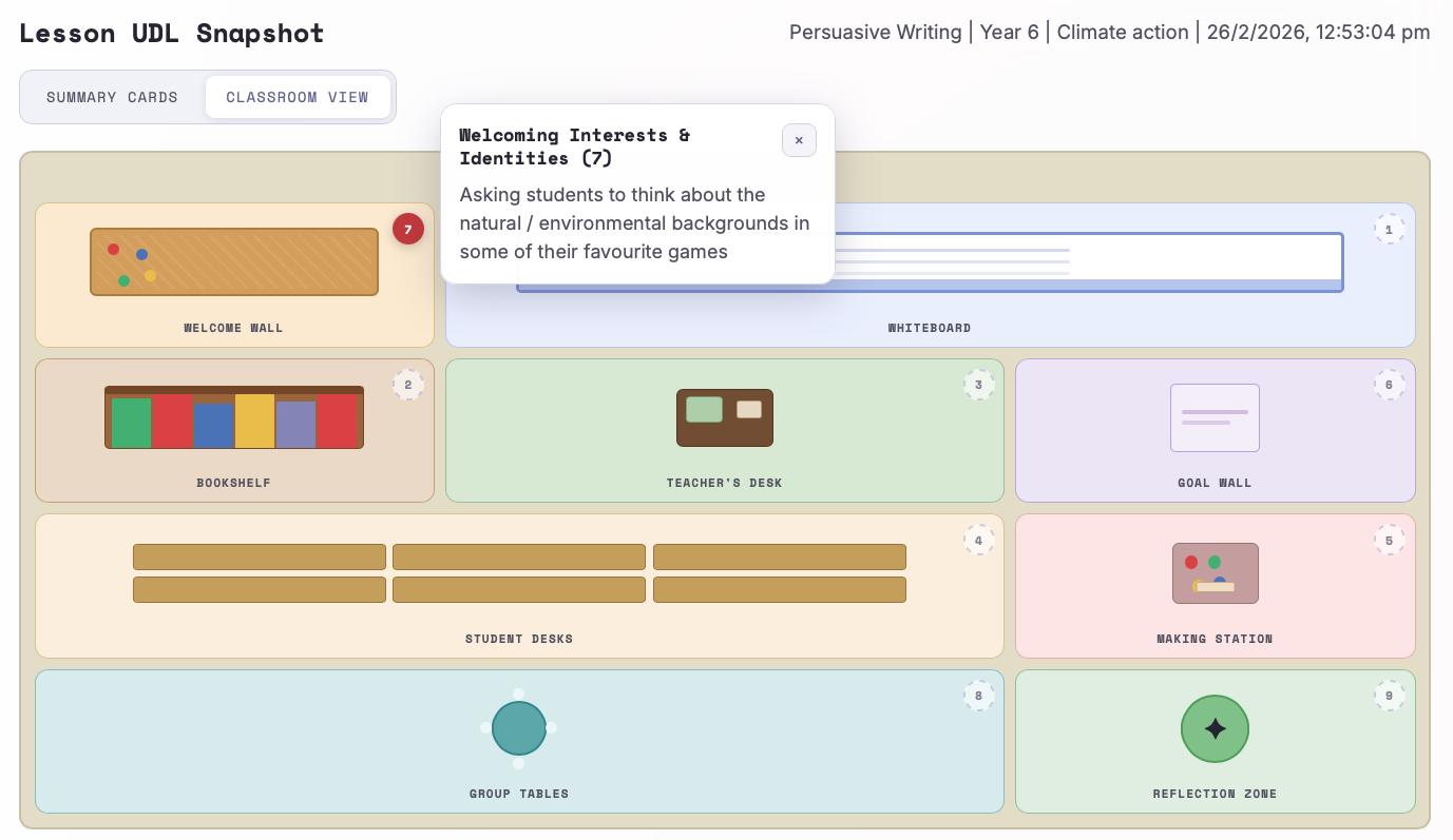 Screenshot of the UDL 3.0 Planning Dashboard showing the top-down classroom view